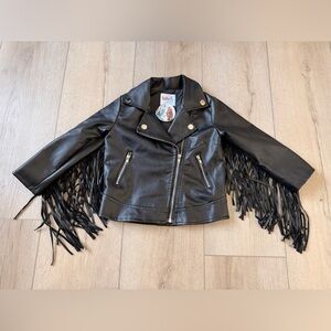 🌶️ NWT Boho jangles Black Faux Leather Fringe Jacket. Size 5/6
